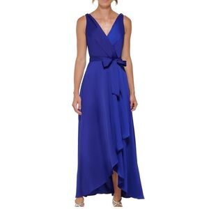 DKNY Satin Blue VNeck Faux Wrap Dress - Wedding Ready (Worn Once)